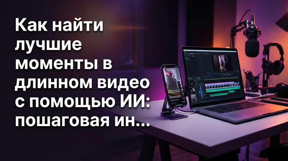 Таймлайн длинного видео с выделенными фрагментами и вертикальный клип на смартфоне
