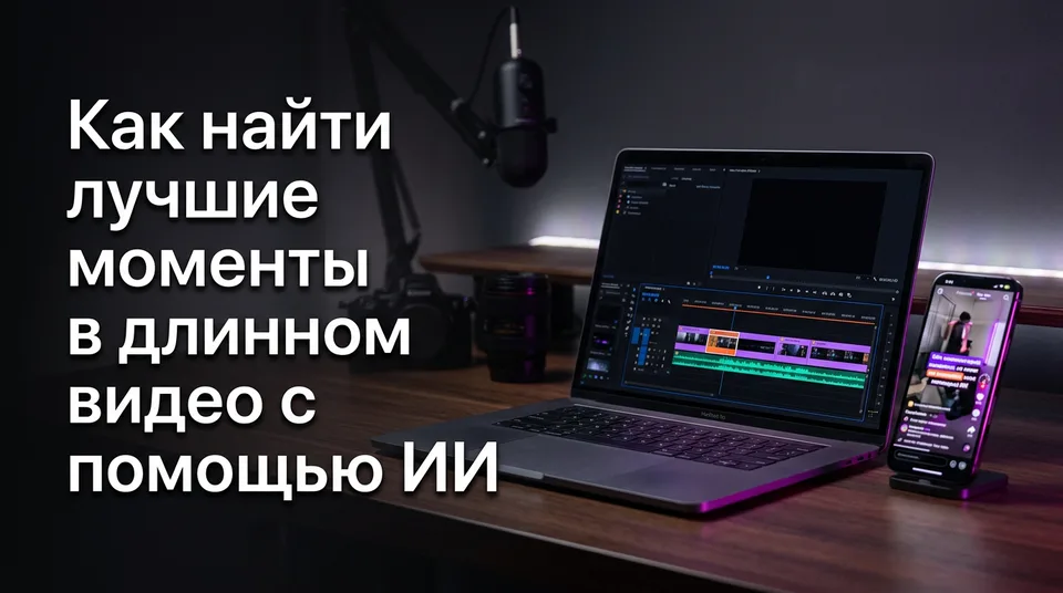 Таймлайн длинного видео с выделенными фрагментами и вертикальный клип на смартфоне