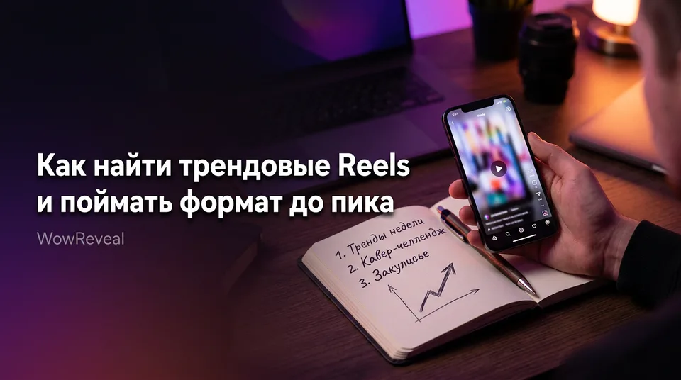 Телефон с вертикальной лентой видео и блокнот: как найти трендовые Reels
