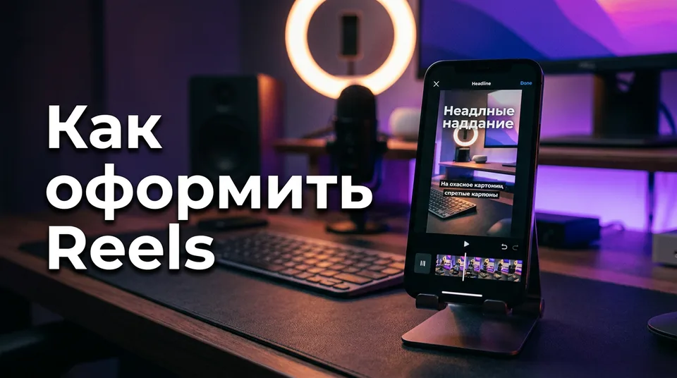 Экран телефона с редактором: как оформить Reels — субтитры, заголовок и обложка
