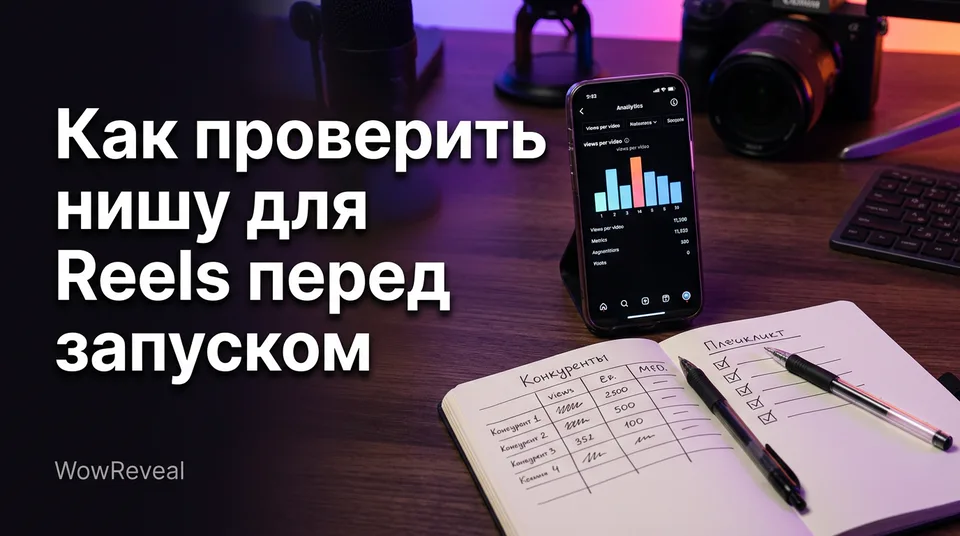 Телефон со статистикой роликов и блокнот: как проверить нишу для Reels
