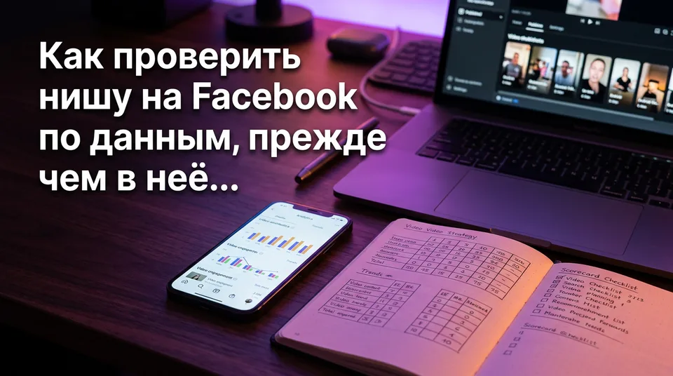 Телефон и блокнот с чек-листом для проверки ниши на Facebook