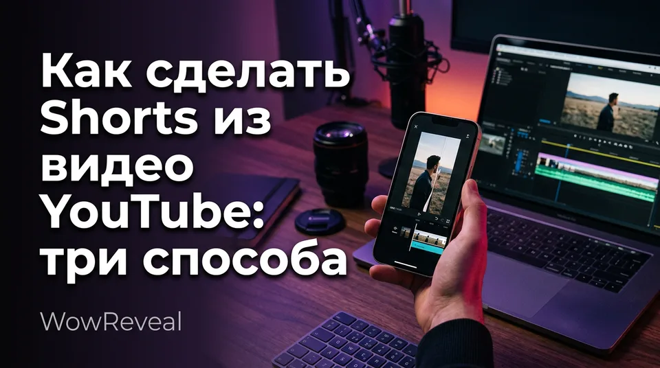 Телефон с вертикальным роликом, нарезанным из длинного видео для Shorts