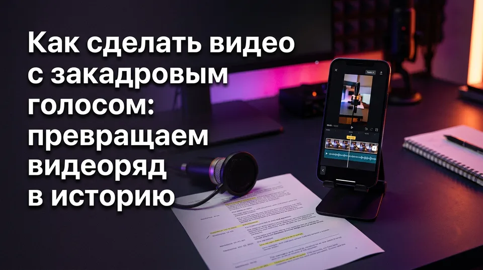 Смартфон с вертикальным видео и сценарием для закадрового голоса