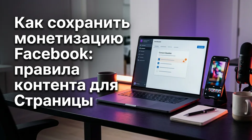 Рабочий стол автора с телефоном и чек-листом: как сохранить монетизацию Facebook