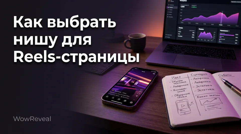 Телефон с вертикальным видео и блокнот со списком ниш: как выбрать нишу для Reels