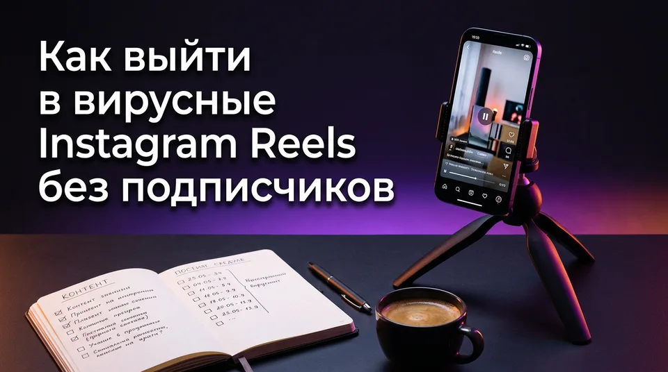 Телефон с вертикальным Reels на столе: план, как попасть в рекомендации Instagram Reels без подписчиков