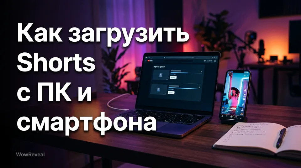 Ноутбук и смартфон на столе: как загрузить Shorts с ПК