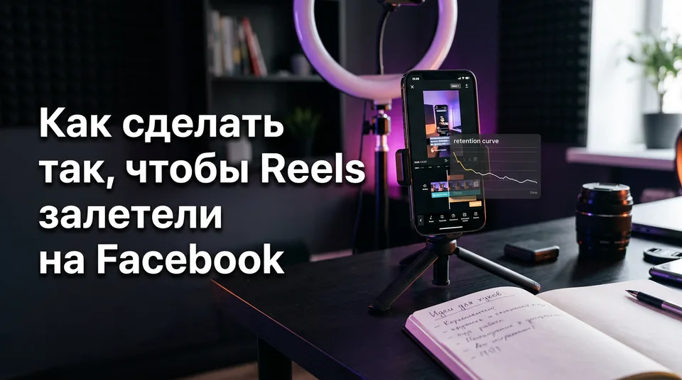 Телефон с вертикальным Reels и графиком удержания на рабочем столе автора