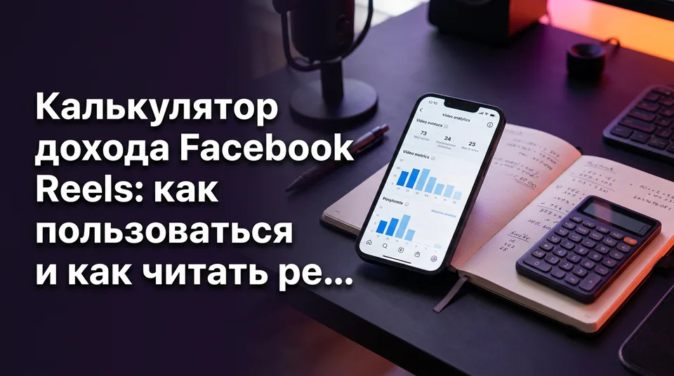 Смартфон со статистикой и блокнот с расчётами для калькулятора дохода Facebook Reels