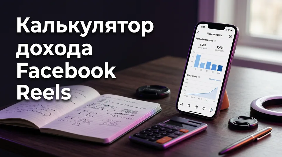 Смартфон со статистикой и блокнот с расчётами для калькулятора дохода Facebook Reels