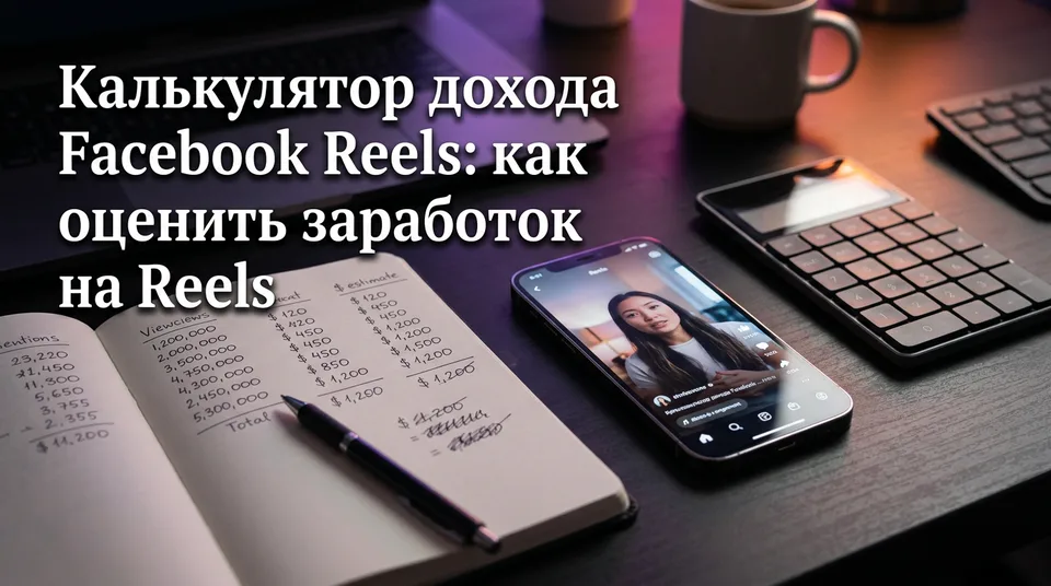 Телефон и блокнот с числом просмотров для расчёта в калькуляторе дохода Facebook Reels