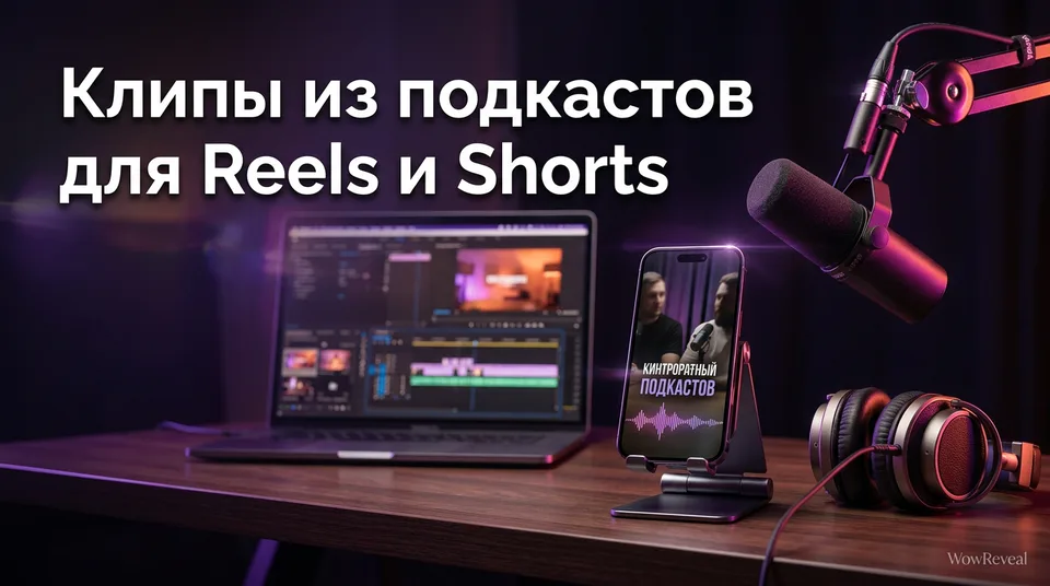 Телефон с вертикальными клипами из подкаста рядом со студийным микрофоном