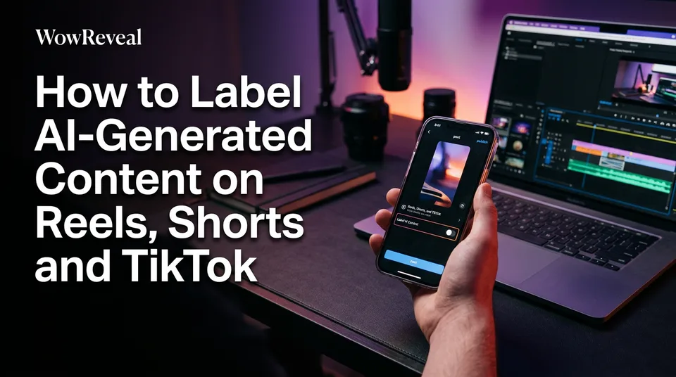 Phone with a post screen toggle for how to label AI-generated content on Reels, Shorts and TikTok