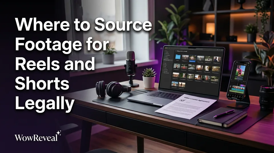 Creator desk with organized clip folders showing legal footage sources for shorts