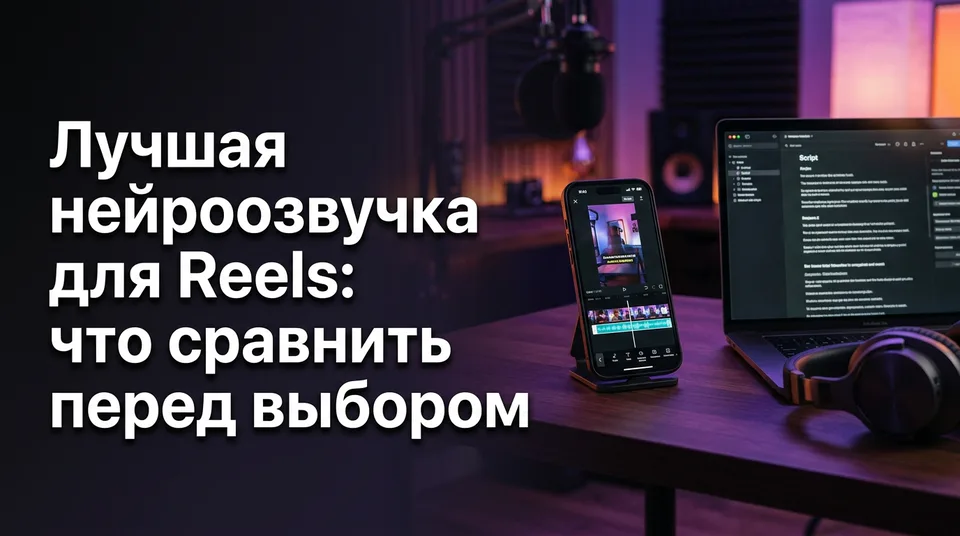 Телефон с вертикальным видео и звуковой волной: выбор лучшей ИИ-озвучки для Reels