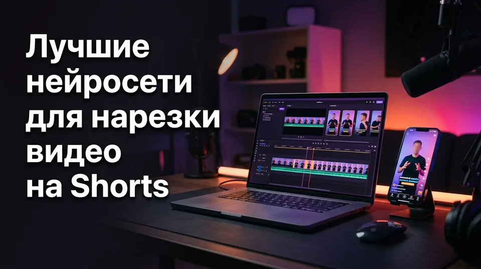 Ноутбук с длинным видео и телефон с готовым вертикальным Shorts после нарезки
