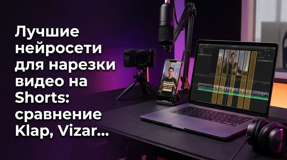 Ноутбук с длинным видео и телефон с готовым вертикальным Shorts после нарезки