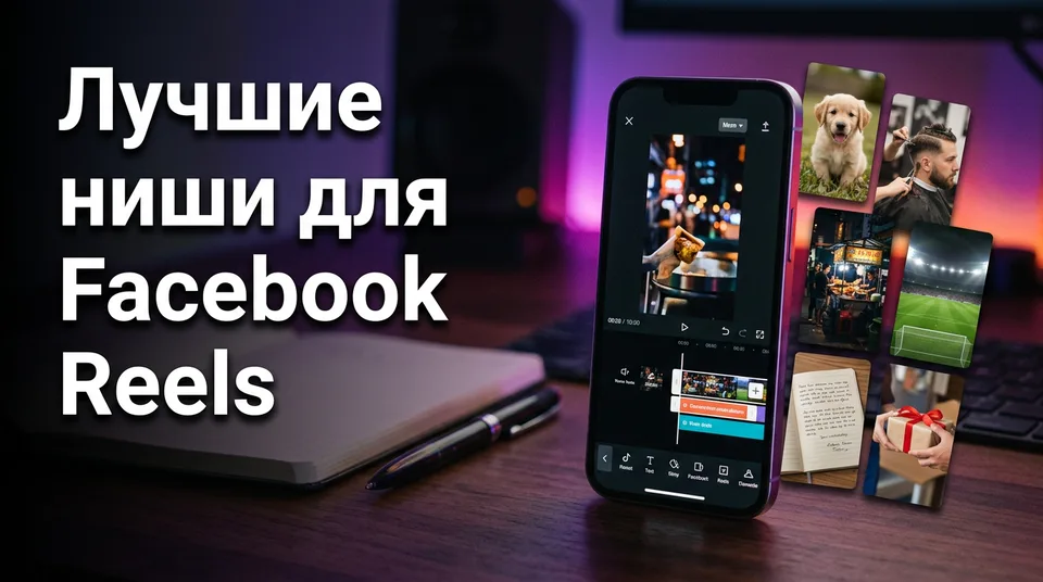 Телефон с вертикальным видео рядом с шестью карточками ниш для выбора лучшей ниши для Facebook Reels