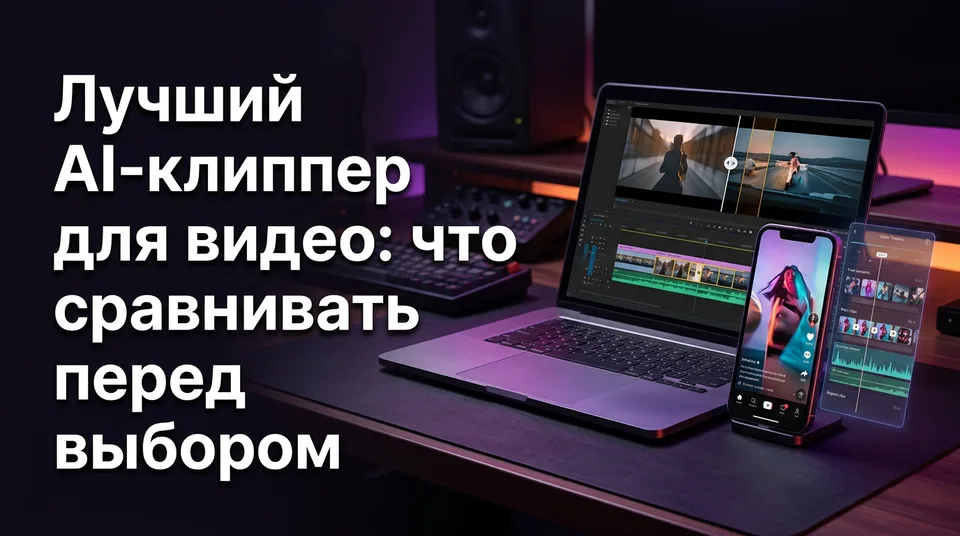 Телефон с вертикальным клипом рядом с длинным видео, нарезанным на фрагменты, лучший AI-клиппер