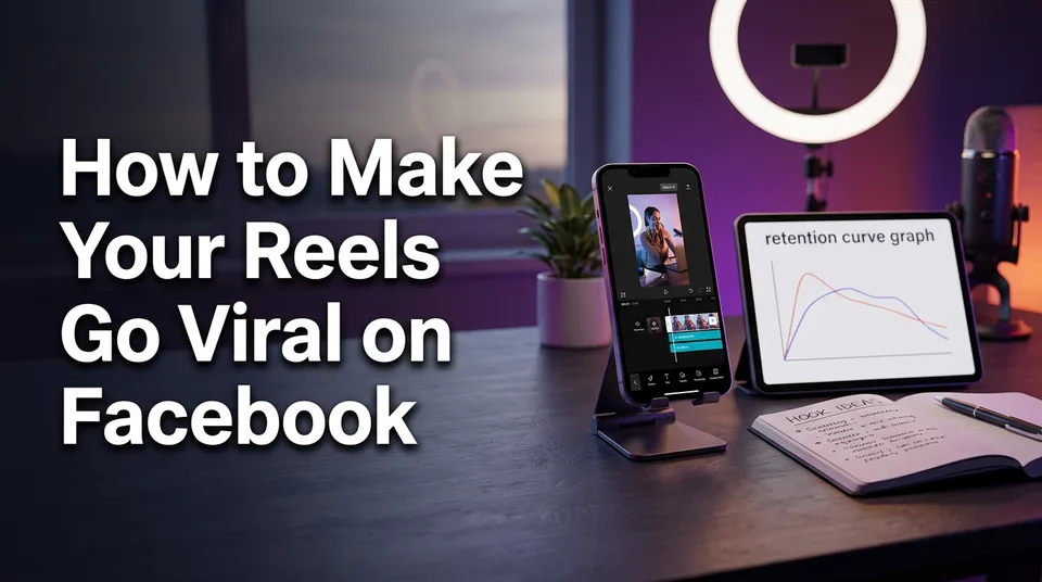 Phone showing a vertical Reel and retention graph on a creator's desk