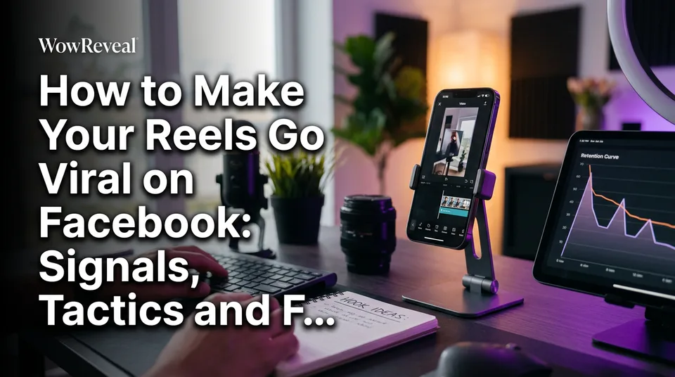 Phone showing a vertical Reel and retention graph on a creator's desk
