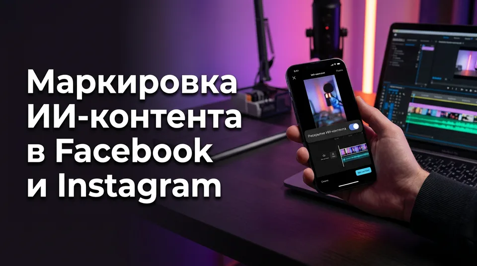 Экран публикации Reels с переключателем маркировки ИИ-контента на Facebook