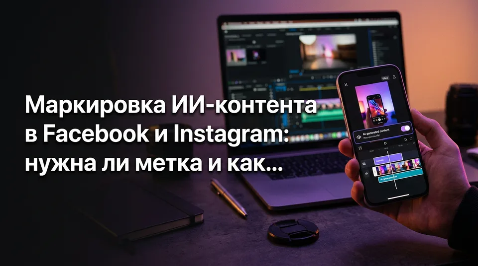 Экран публикации Reels с переключателем маркировки ИИ-контента на Facebook