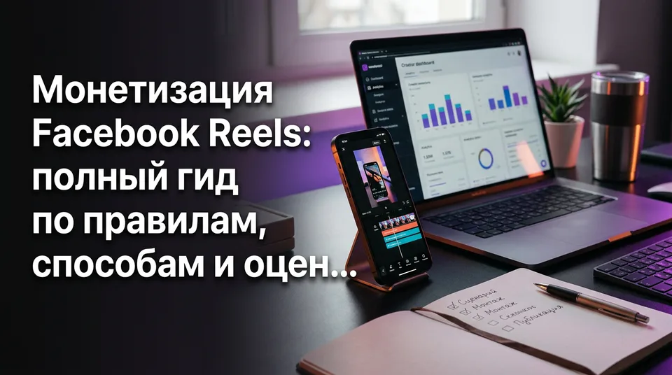 Рабочий стол автора со смартфоном и статистикой: монетизация Facebook Reels
