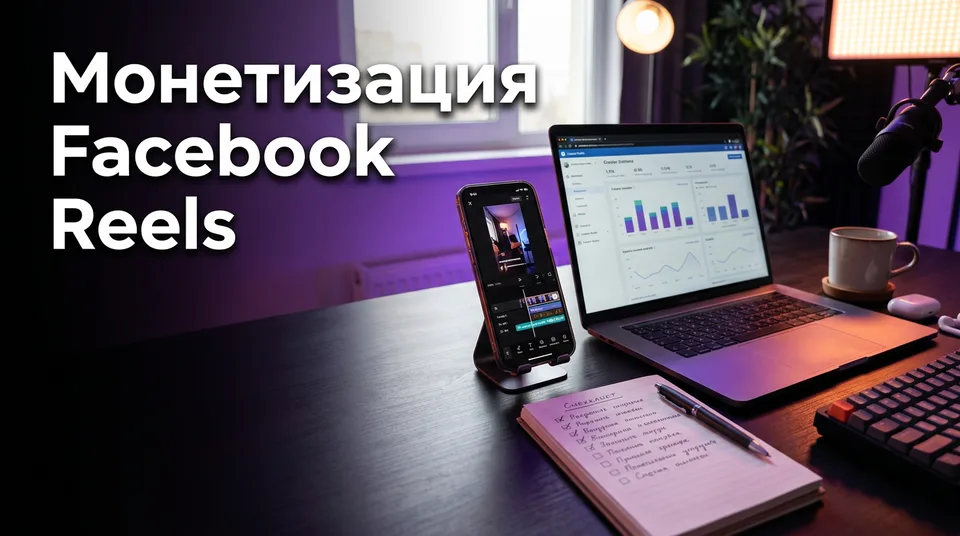 Рабочий стол автора со смартфоном и статистикой: монетизация Facebook Reels