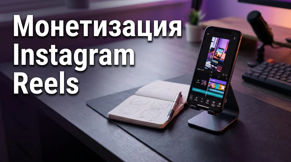 Телефон с вертикальным видео рядом с заметками о способах монетизации Instagram Reels