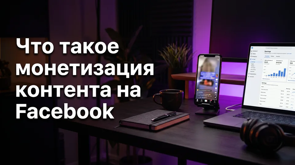 Телефон с вертикальным видео рядом с ноутбуком — иллюстрация к теме «Что такое монетизация контента на Facebook»