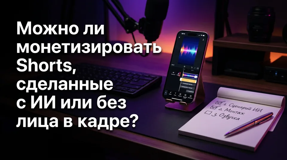 Телефон с вертикальным монтажом Shorts и чек-лист по правилам монетизации YouTube Shorts с ИИ