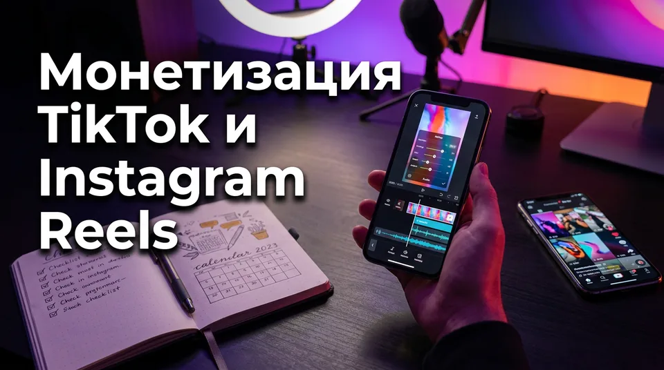 Смартфон с вертикальным видео и чек-лист проверки монетизации TikTok и Instagram Reels