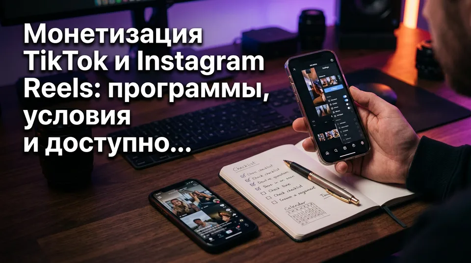 Смартфон с вертикальным видео и чек-лист проверки монетизации TikTok и Instagram Reels