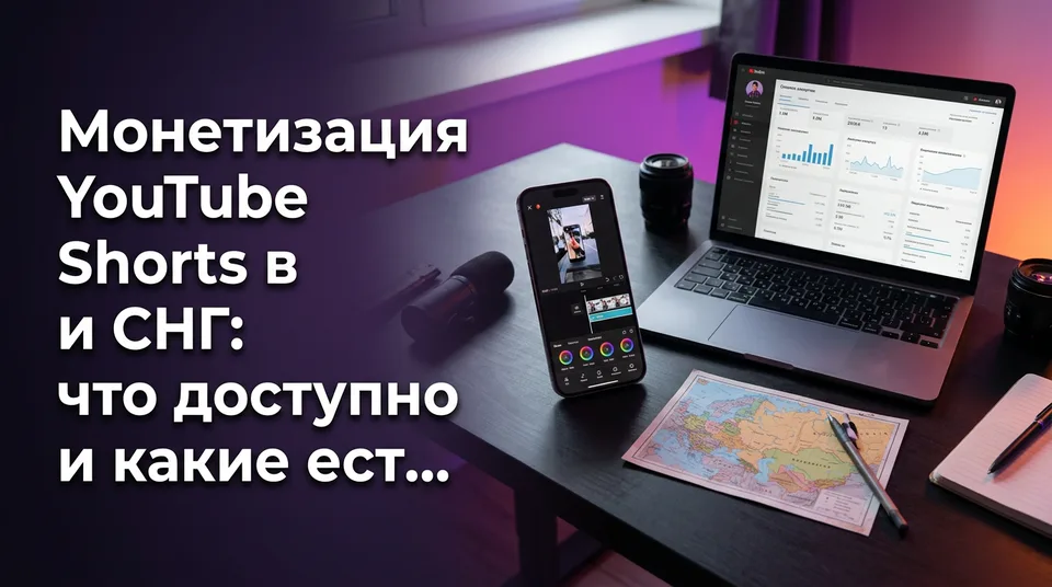 Смартфон с вертикальным видео и карта на столе автора: монетизация YouTube Shorts в России