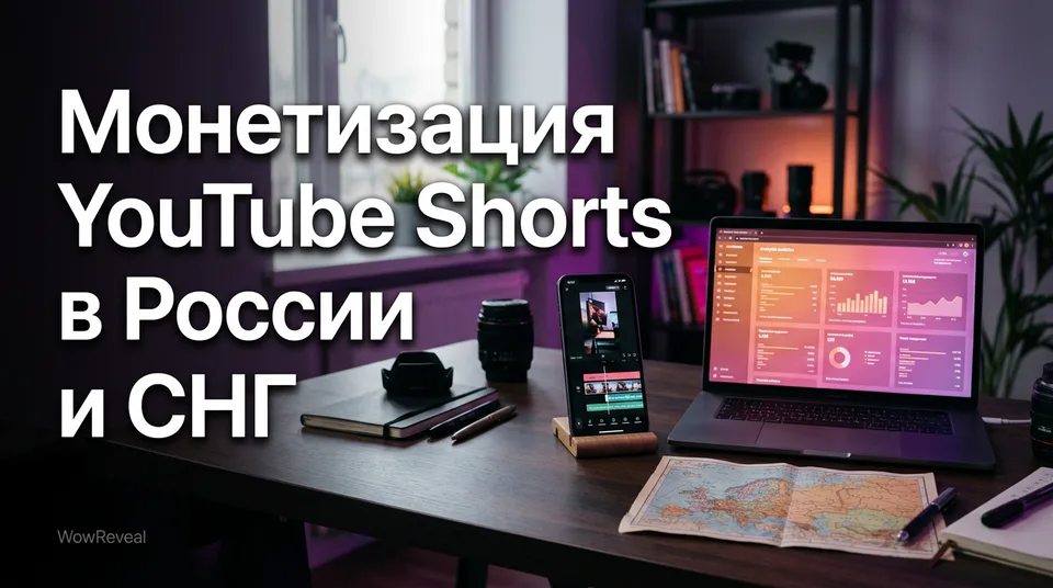 Смартфон с вертикальным видео и карта на столе автора: монетизация YouTube Shorts в России