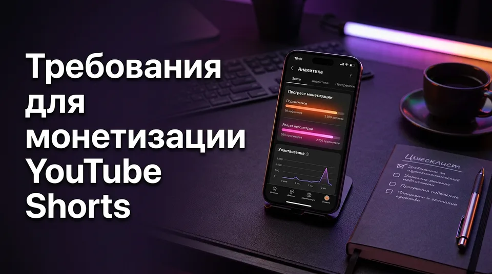 Телефон с индикаторами прогресса монетизации YouTube Shorts рядом с рукописным чек-листом