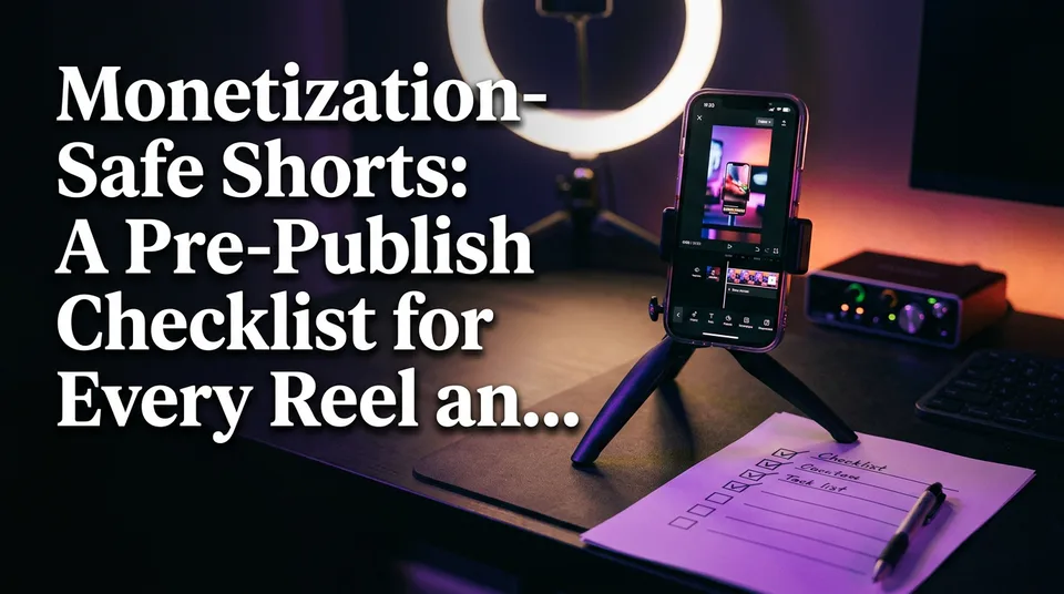 Creator's desk with a phone and a pre-publish checklist for monetization safe shorts