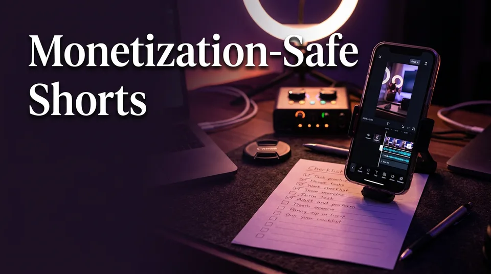 Creator's desk with a phone and a pre-publish checklist for monetization safe shorts