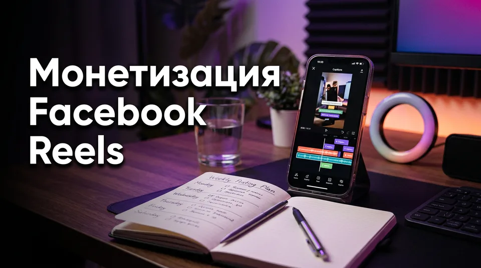 Телефон с вертикальным роликом Reels в редакторе — рабочий процесс монетизации Facebook Reels