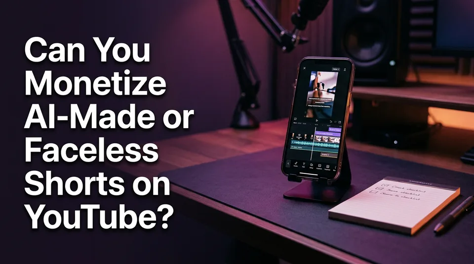 Phone with a vertical Shorts edit and a checklist for YouTube Shorts monetization AI rules