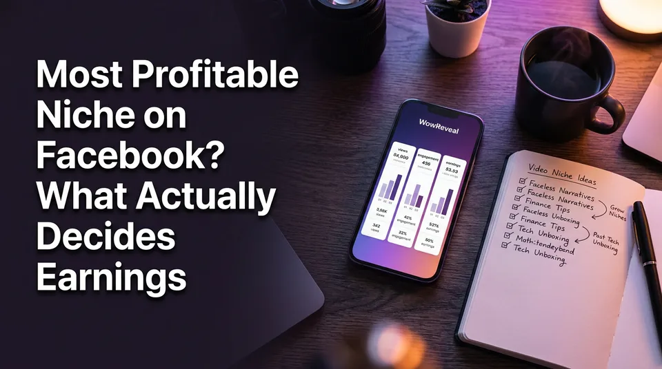 Phone showing analytics beside notes comparing the most profitable niche on Facebook
