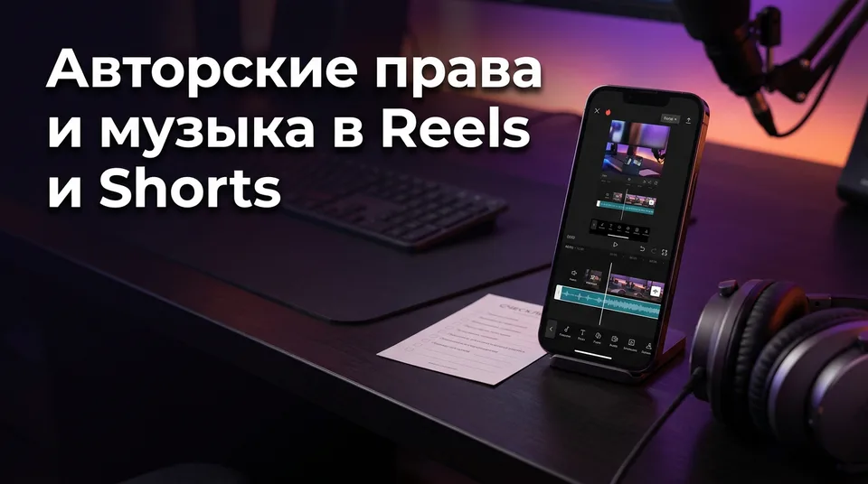 Телефон с вертикальным видео и звуковой волной: правила музыки и авторских прав в Reels и Shorts