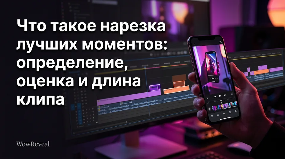 Нарезка лучших моментов: выделенные фрагменты на таймлайне превращаются в вертикальный клип на телефоне