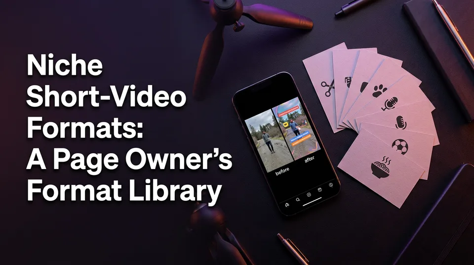Phone with vertical video beside cards representing niche short video formats