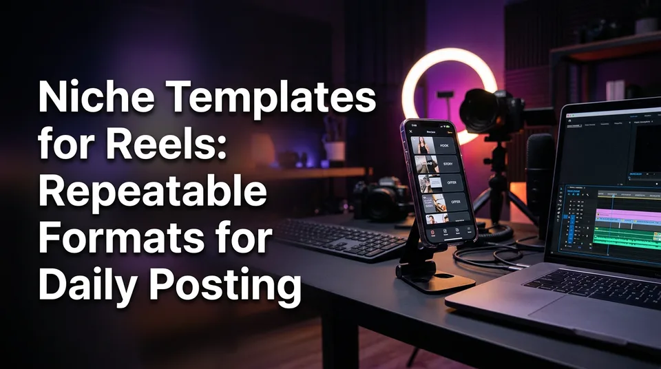 Phone showing a 9:16 storyboard for niche templates for reels on a creator's desk