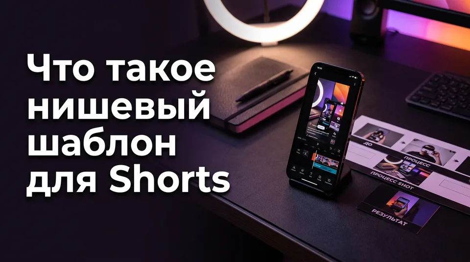 Раскадровка рядом со смартфоном, на экране — нишевый шаблон для Shorts