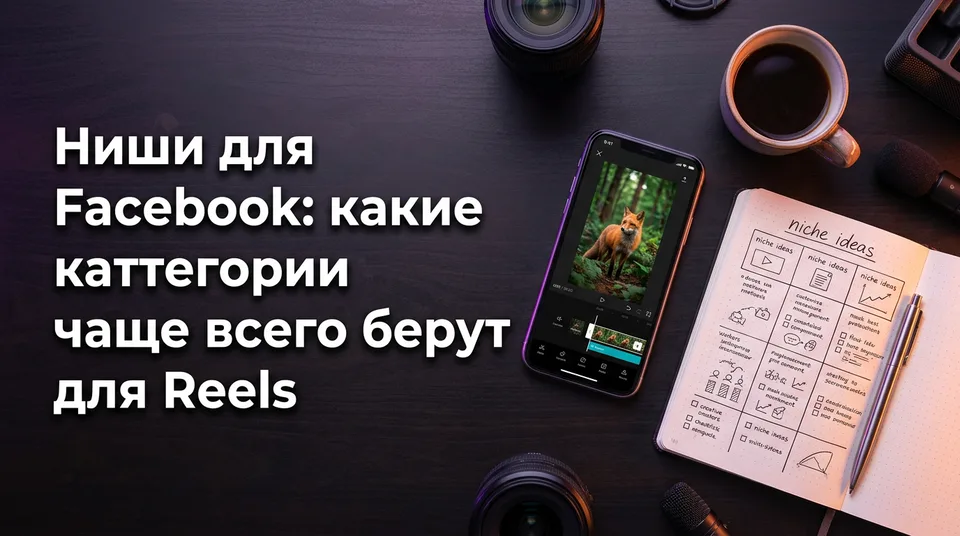 Телефон с вертикальным видео о диких животных рядом с блокнотом, где выписаны ниши для Facebook