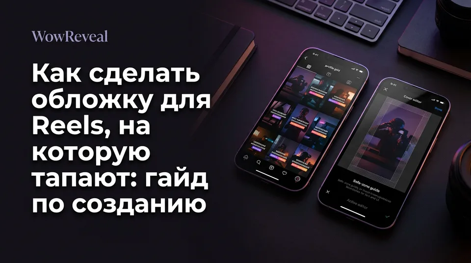 Телефон с конструктором обложек для Reels и направляющими безопасной зоны поверх сетки профиля